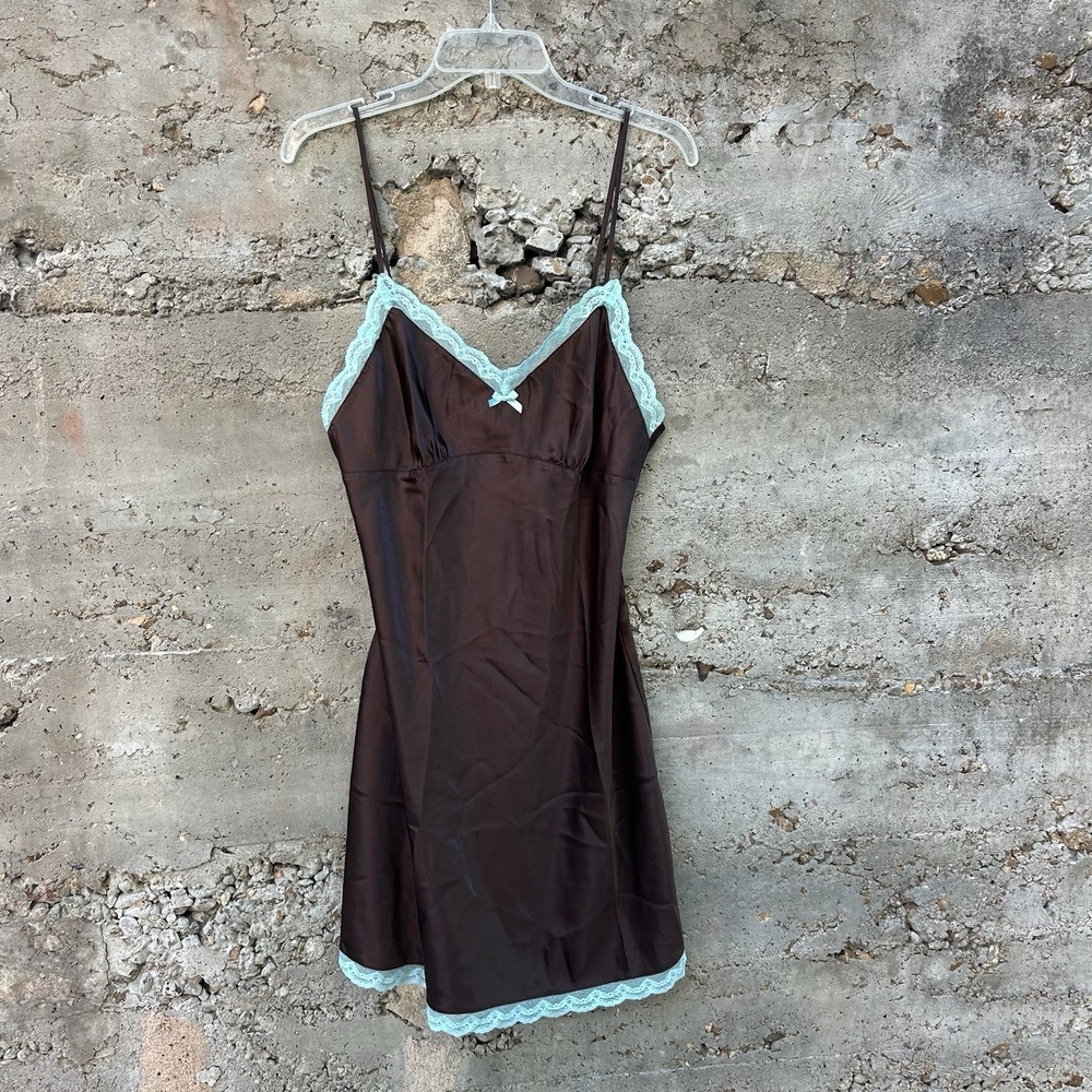 Vtg Y2k Slip Dress Size M Blue Lace Trim Brown Coquette Fairy Dainty Feminine
